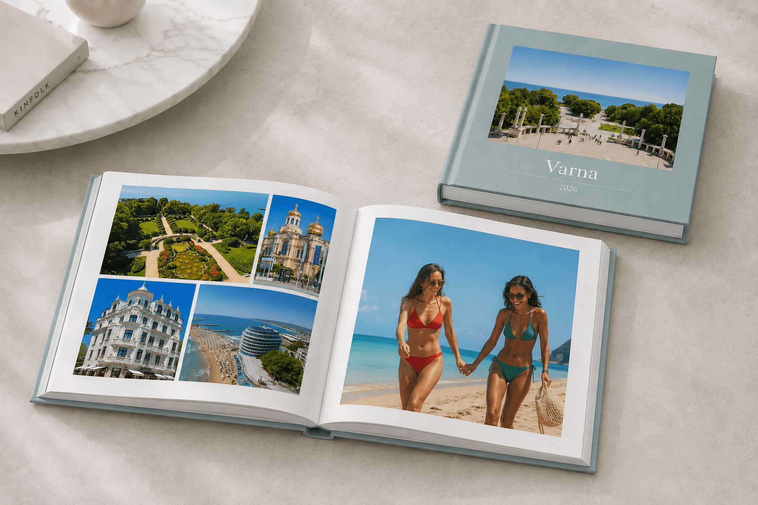 Premium hardcover travel photobook, open to a spread of trip photos